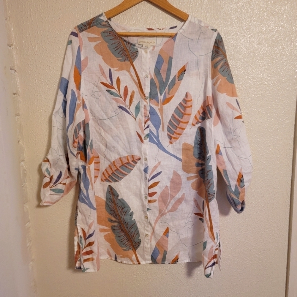 Cynthia Rowley 100% Linen Button Down Floral Botanical Tropical Top sz 1X
